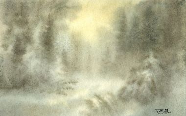 冬日森林朦胧水彩画