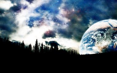 超现实梦幻星空 森林剪影遥望巨型地球科幻壁纸