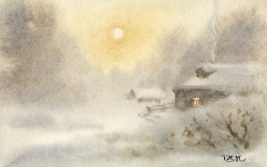 冬日雪景木屋水彩画