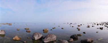 Calm Shallow Sea Rocky Coast Panoramic Natural Scenery