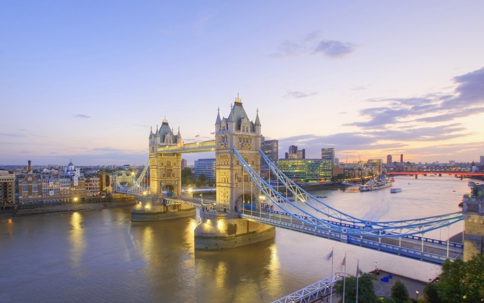 Britain, River Thames and Tower Bridge at Dusk, London, England