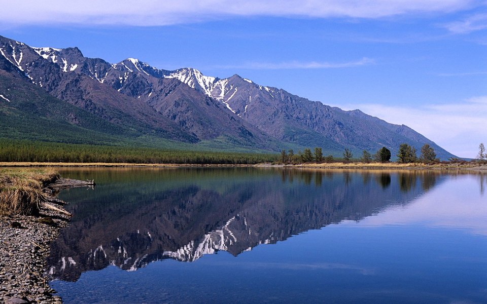 Russia, View of Baikal Lake with Sayan Mountain Range, Siberia