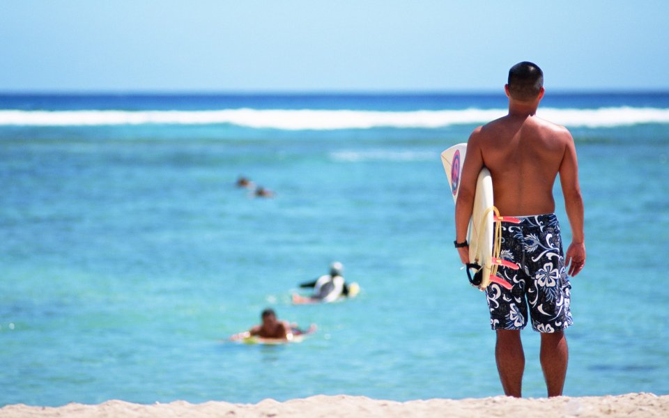 Summer Beach Man Holding Surfboard Seaside Vacation Scene