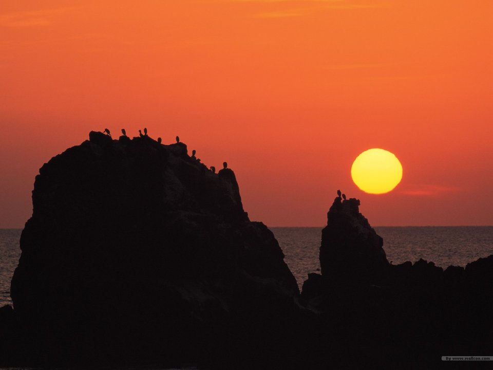 海边礁石与夕阳剪影