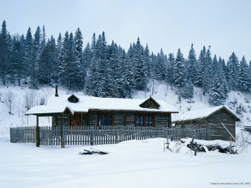 Snowy Wooden Cabin In Forest