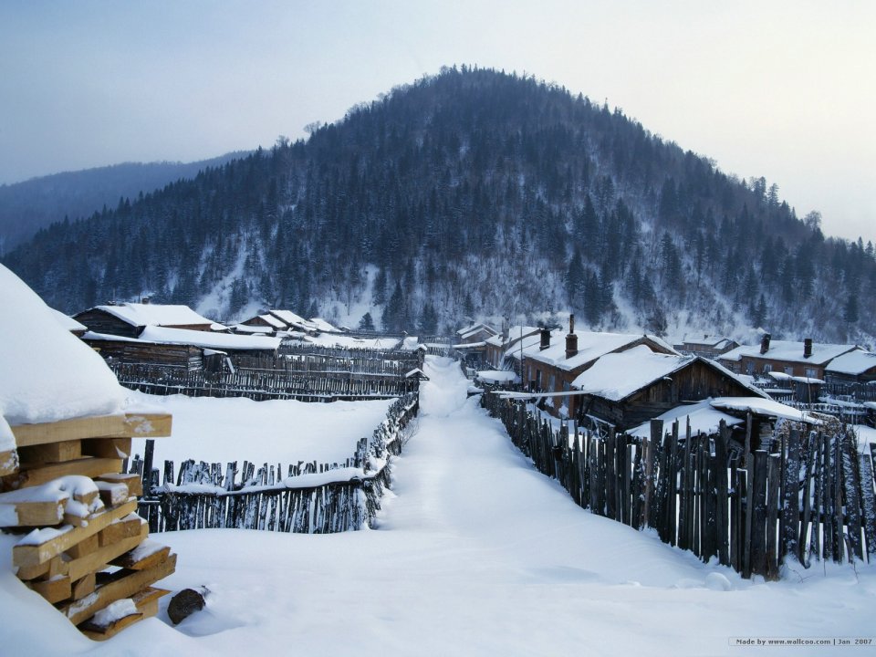 中国东北雪乡冬季木屋村落