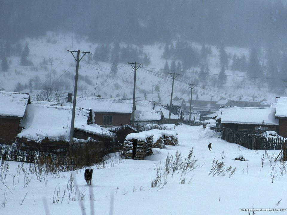 北欧乡村冬季雪景与木屋