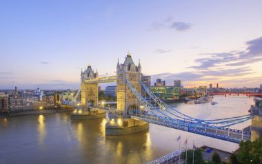 Britain, River Thames and Tower Bridge at Dusk, London, England
