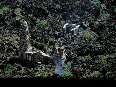 Church at the foot of the Paricutin volcano, San Juan Parangaricutiro, Michoacan, Mexico