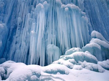 Spectacular Winter Ice Waterfall And Icicles