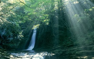Sunlight Streaming Through Treesakame Shijyuhachi Waterfall Japan
