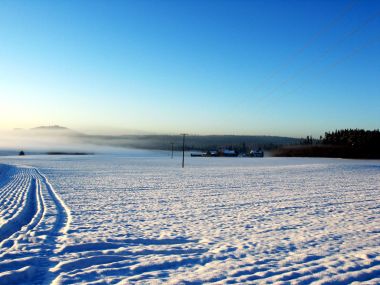 北欧冬季雪原晨雾景观