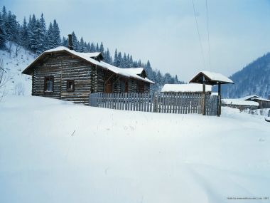 北欧雪地森林中的木屋