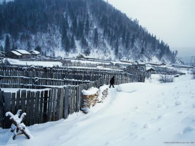 中国东北雪乡冬季木栅栏村落