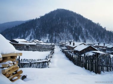 中国东北雪乡冬季木屋村落