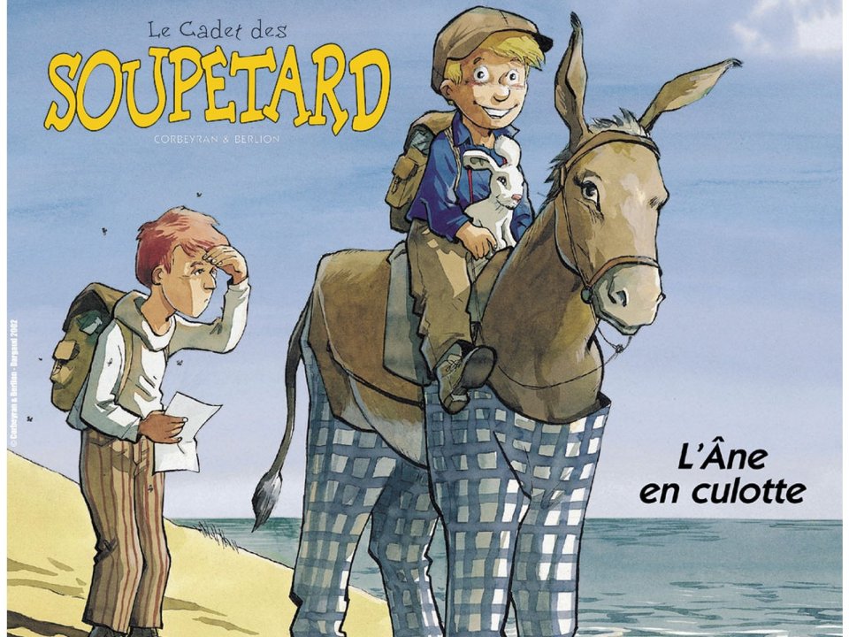 French Comic Le Cadet Des Soupetard Cover Boy Riding Donkey With Rabbit