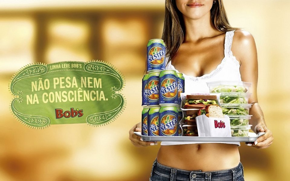 Bobs Fast Food Ad Brazil Woman Holding Sandwiches And Nestea