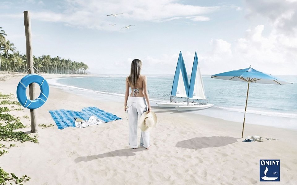 Japanese Beach Vacation Scene Woman Facing Sailboat