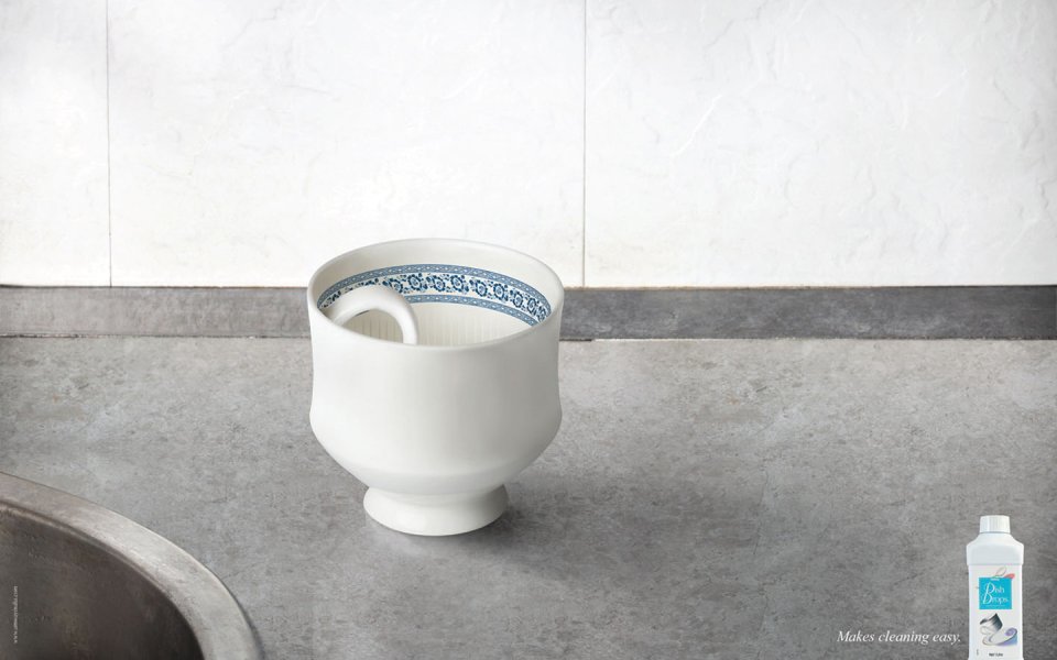 Modern Kitchen White Ceramic Cup Cleaning Product Ad