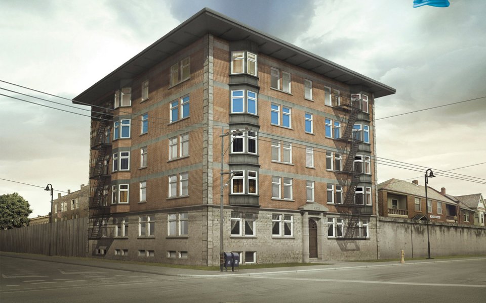 Nordic Street Corner Brick Building Fire Escape