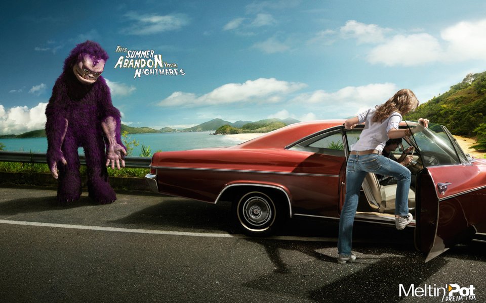 Purple Monster By Beach Road Red Car