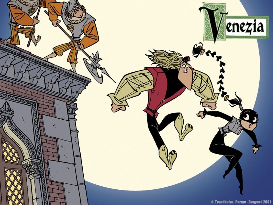 Cartoon Illustration Venezia Chase On Venice Rooftops By Moonlight
