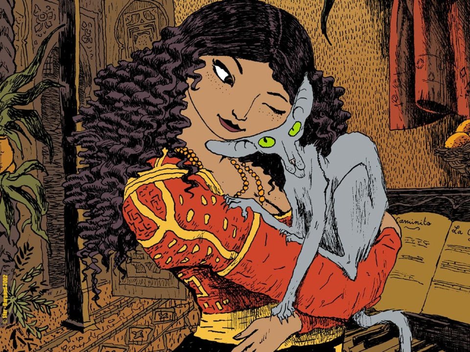 Retro Fantasy Illustration Of Curly Haired Woman And Green Eyed Creature