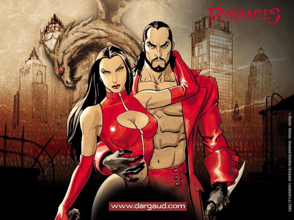 Dargaud《Rapaces》漫画封面：红衣男女与奇幻城市