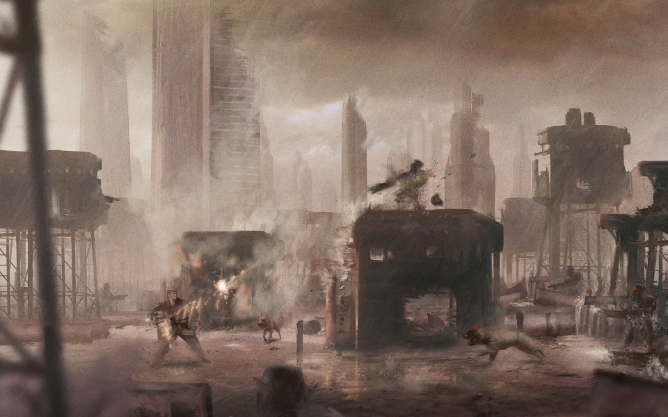 Post Apocalyptic Battle Scene Dogs And Bullets