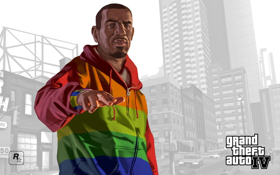 GTA IV 游戏角色身穿彩虹外套城市街景壁纸