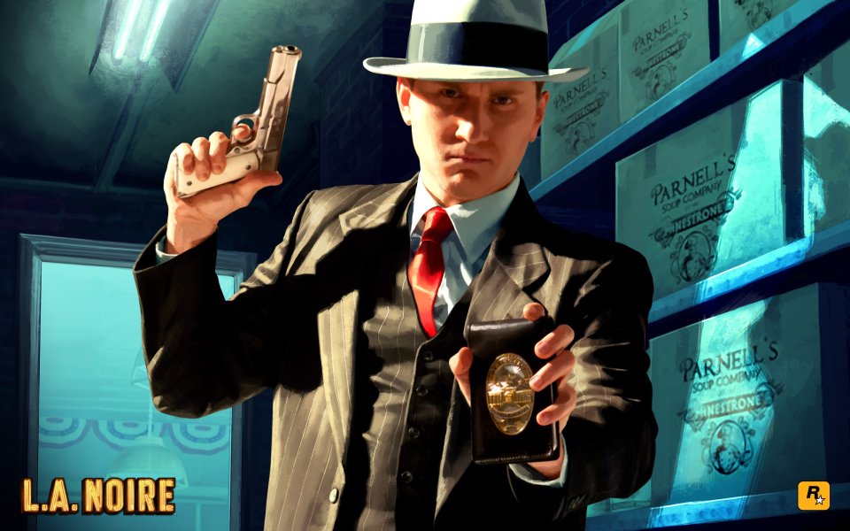 L.A. Noire 游戏中的侦探手持手枪与警徽