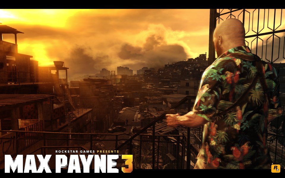《Max Payne 3》游戏截图：麦克斯·佩恩在夕阳下的贫民窟俯瞰城市