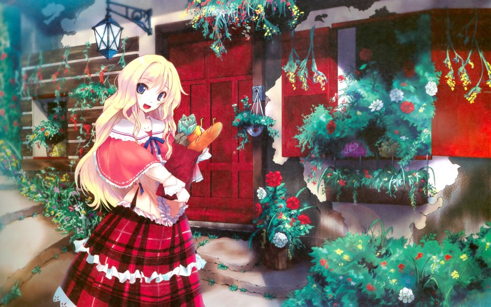 Pixiv精选：红格子裙少女与花丛庭院
