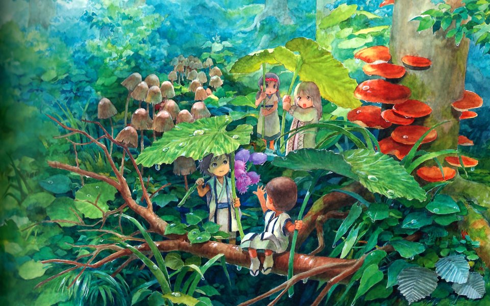 Anime Girls In Fantasy Forest Mushrooms And Leaves