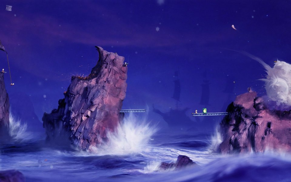 海战场景下的奇幻夜海与岩石岛屿