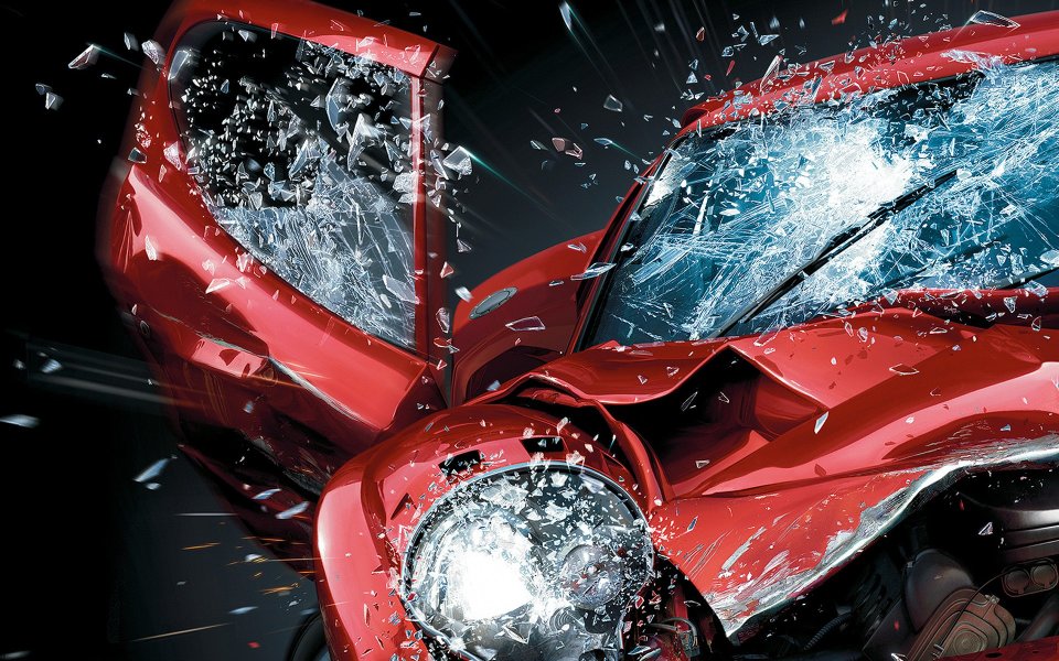 Red Sports Car Crash Shattered Glass Dynamic Impact