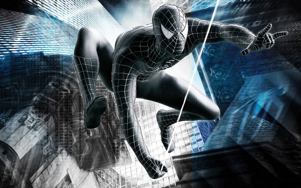 Spider Man Black Suit Swinging NYC Wallpaper