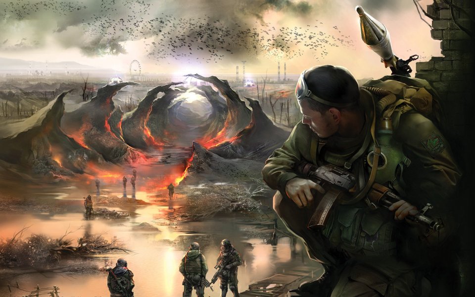 Soldiers In Apocalyptic Landscape With Volcanic Crater