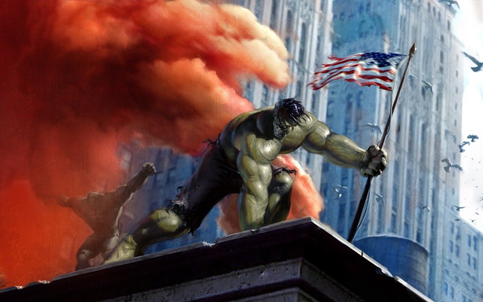 Hulk Standing On City Rooftop Holding US Flag Digital Art