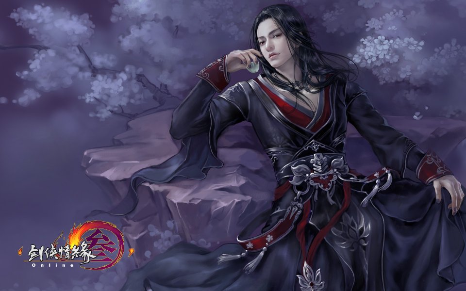 剑侠情缘叁古风黑衣男子樱花图