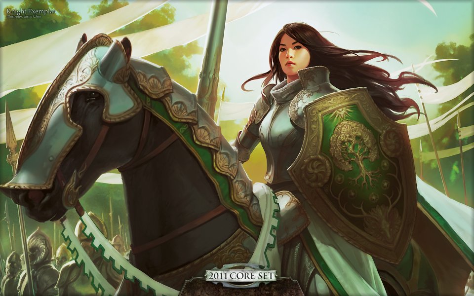 女骑士骑马持盾，绿色盔甲与森林背景的奇幻插画