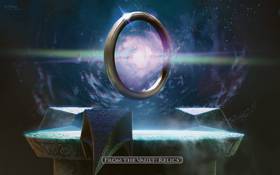 魔法戒指悬浮于星云光环之上，神秘水晶台座托举着「Sol Ring」