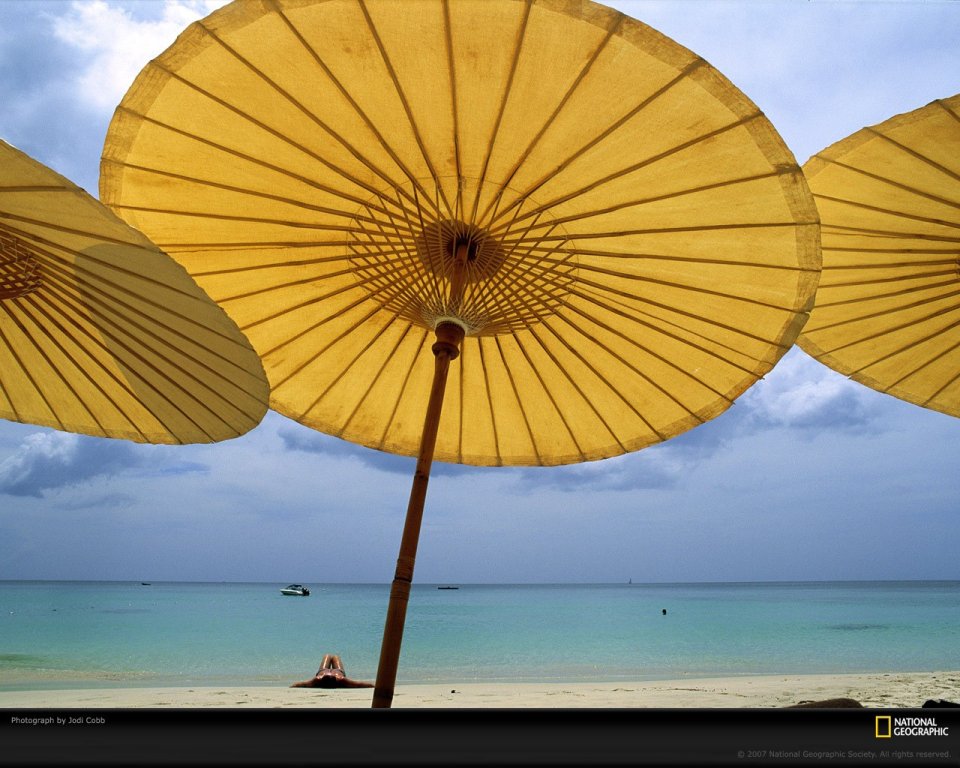 Thailand Beach Yellow Umbrella Blue Ocean