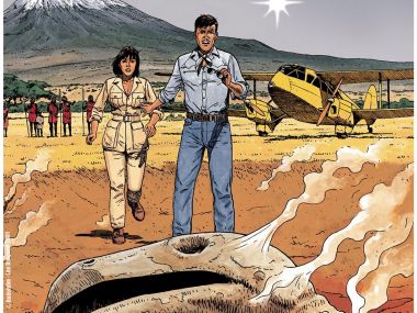 African Adventure Comic Yellow Airplane And Smoking Ruin