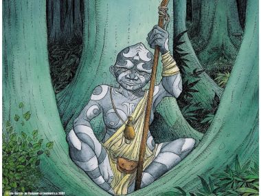 Mysterious Indigenous In Jungle Tree Hole Line Art Illustration