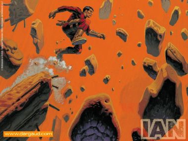 Sci Fi Comic Jump Action Scene On Orange Background