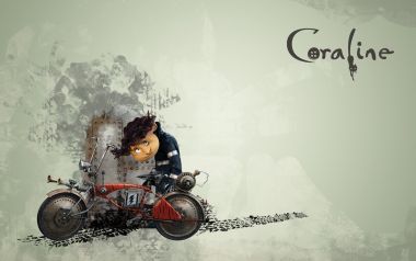 Coraline 定格动画电影海报，小女孩骑着机械自行车