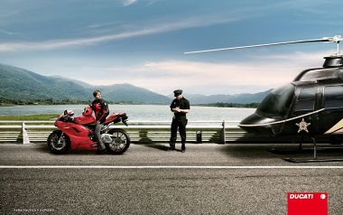 Ducati Red Motorcycle Policeman Lake Side