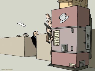 Man With Gun At Office Coffee Machine Humor Cartoon