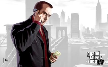 GTA IV 游戏角色在城市天际线前通话